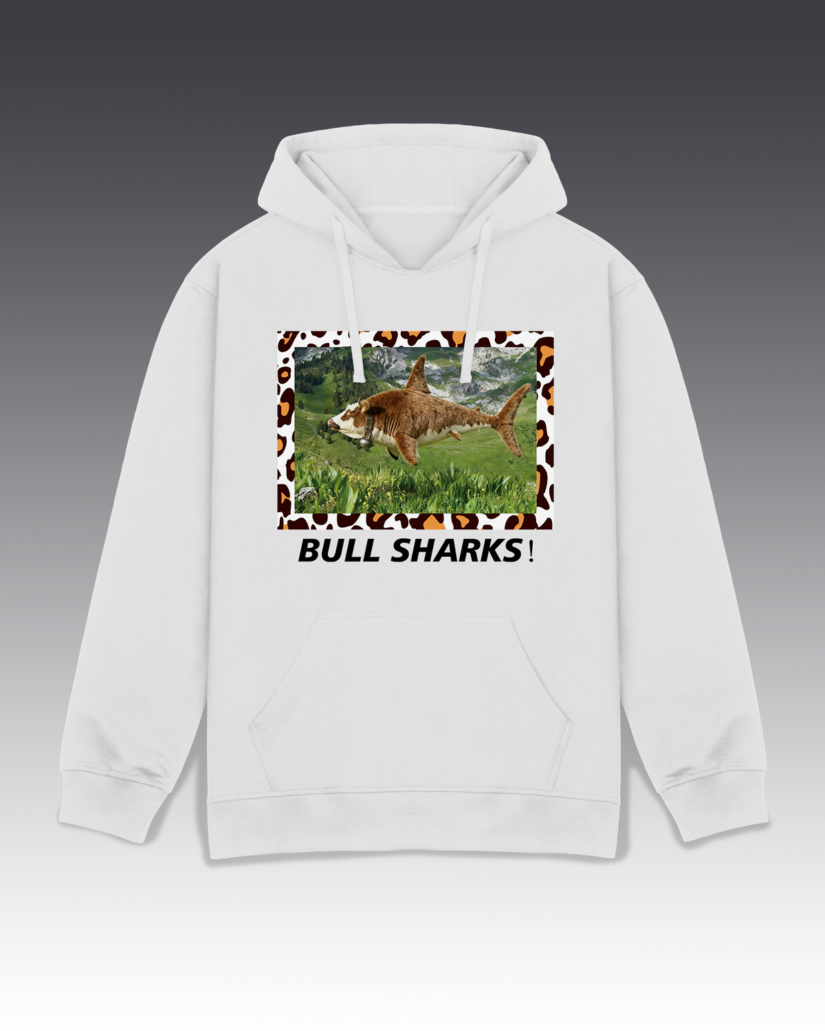 White hoodie with a graphic of a bull shark and text on a gradient background