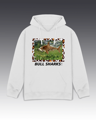 White hoodie with a graphic of a bull shark and text on a gradient background