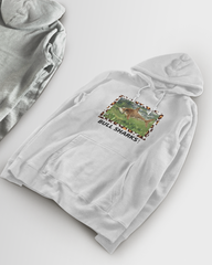 Light gray hoodie with a graphic design on a white background