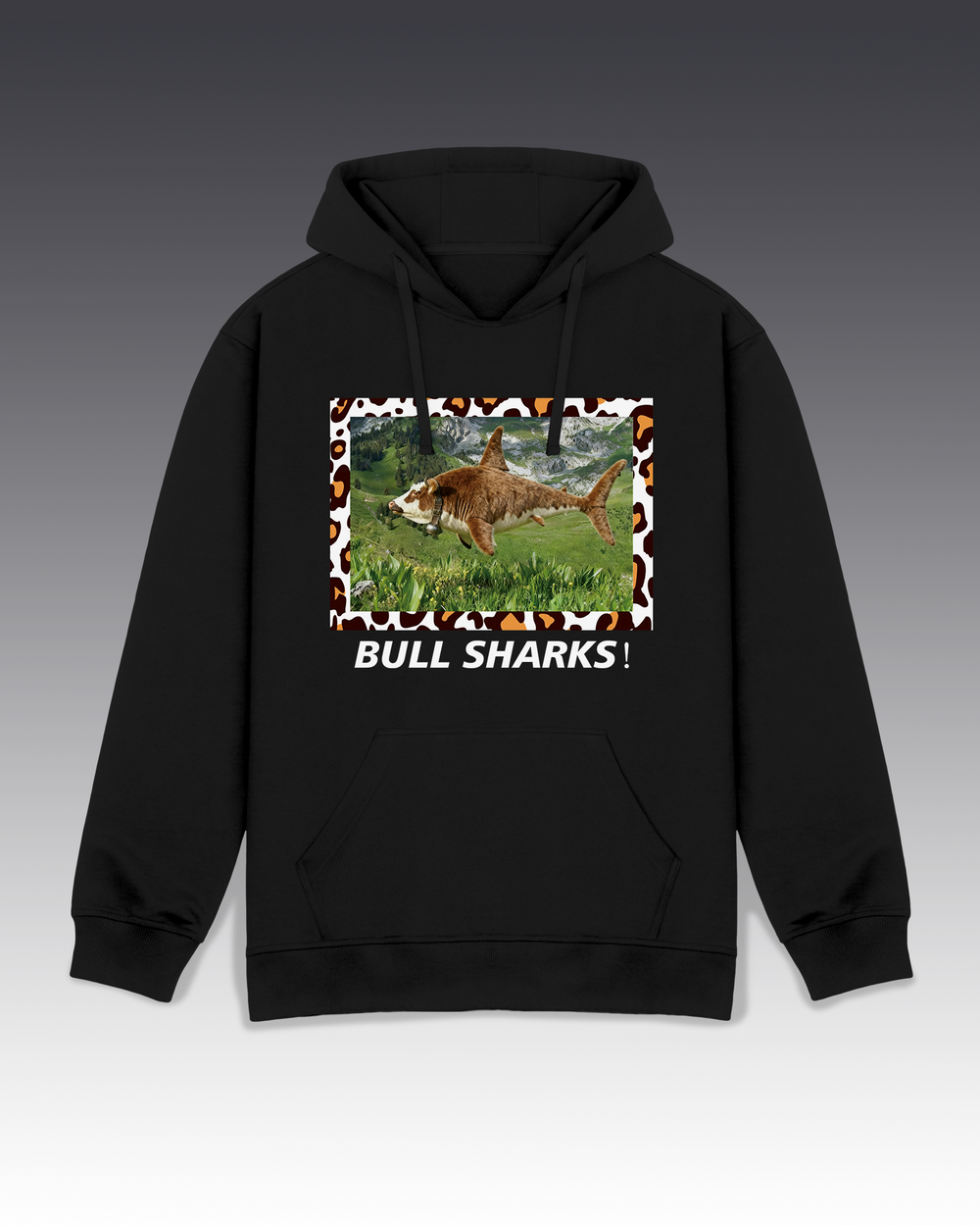 Black hoodie with a graphic of a bull shark and 'Bull Sharks!' text on a gradient background