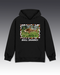 Black hoodie with a graphic of a bull shark and 'Bull Sharks!' text on a gradient background