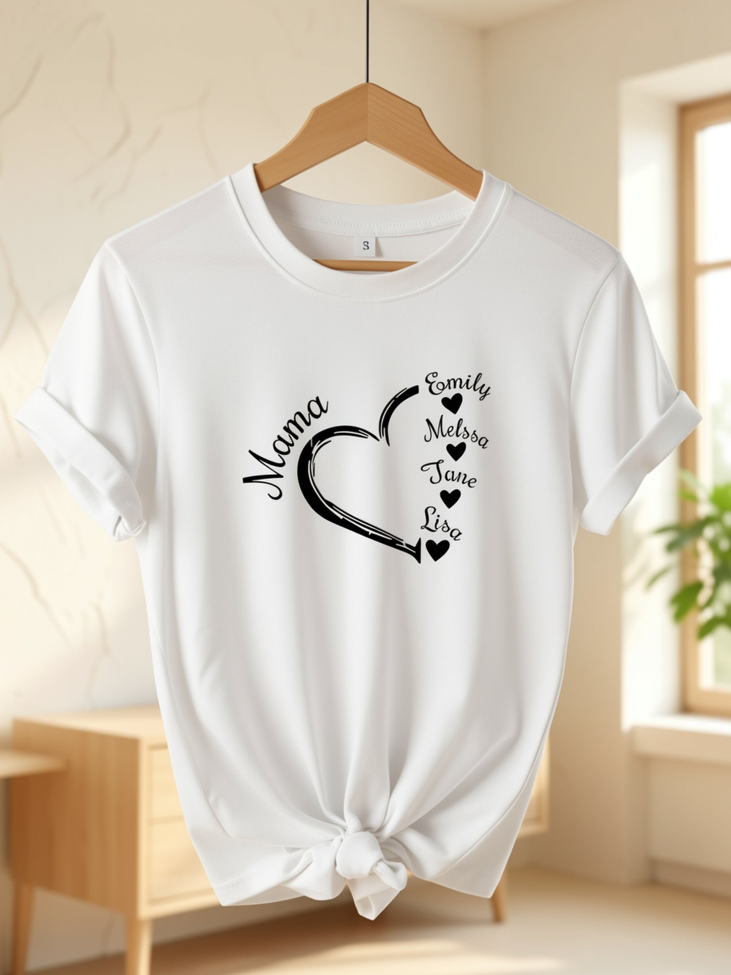 Personalized Mama Heart Custom Name Crew Neck T‑Shirt, Customized Names Print Tee, Grandma Gift, Valentine's Day Shirt,Mother’s Day Gift Casual Short‑Sleeve Top for Mom