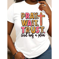 Pray Wait Trust God Has A Plan Cross Graphic T-Shirt, Unisex Soft Cotton Crew Neck Tee, All Season Inspirational Faith Gift For Believers, Sunday Worship Bible Study & Church Gathering Casual Wear