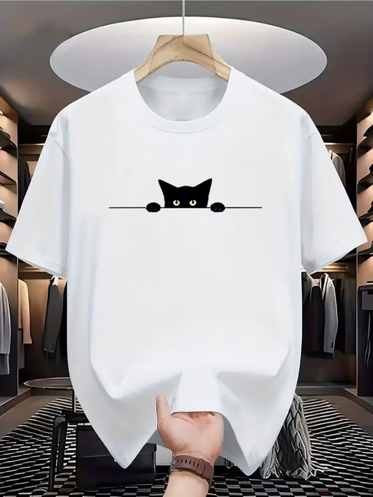 Crew Neck Shirt, Cute Cat Pattern Fun Design, Casual Summer Wear Travel-Friendly Apparel, Short Sleeve, Breathable Fabric Machine Washable, Black, Daily Essential