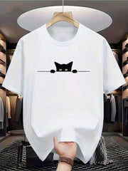 Crew Neck Shirt, Cute Cat Pattern Fun Design, Casual Summer Wear Travel-Friendly Apparel, Short Sleeve, Breathable Fabric Machine Washable, Black, Daily Essential