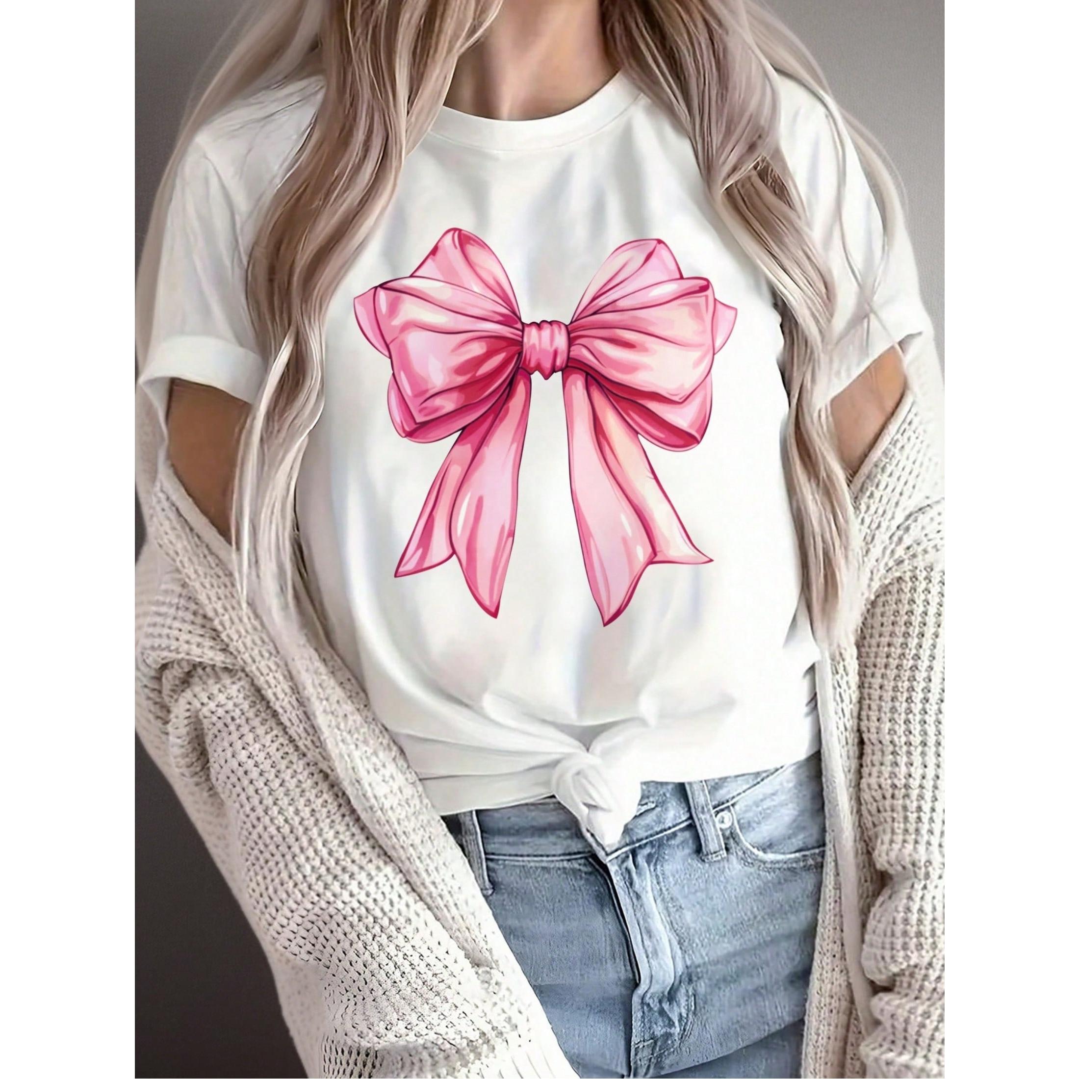 Women's Casual Short-Sleeve T-Shirt With An Elegant Pink Bow Print-Crew-Neck Top Perfect For All Seasons