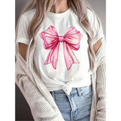 Women's Casual Short-Sleeve T-Shirt With An Elegant Pink Bow Print-Crew-Neck Top Perfect For All Seasons