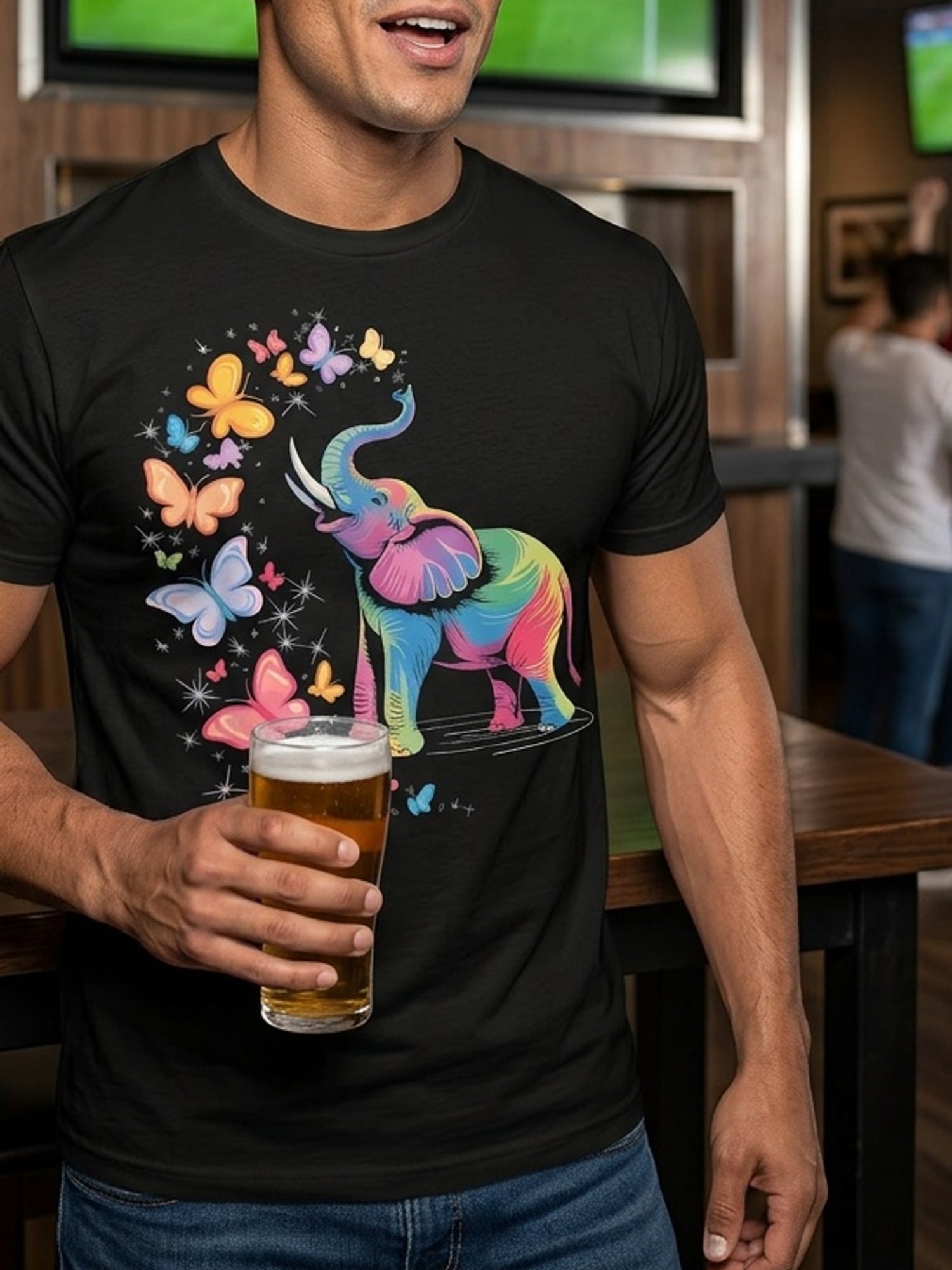 Colorful Rainbow Elephant With Butterflies Graphic T-Shirt, Unisex Cotton Crew Neck Short Sleeve Tee, Cute Wild Animal Casual Novelty Shirt, Gift For Elephant Lovers