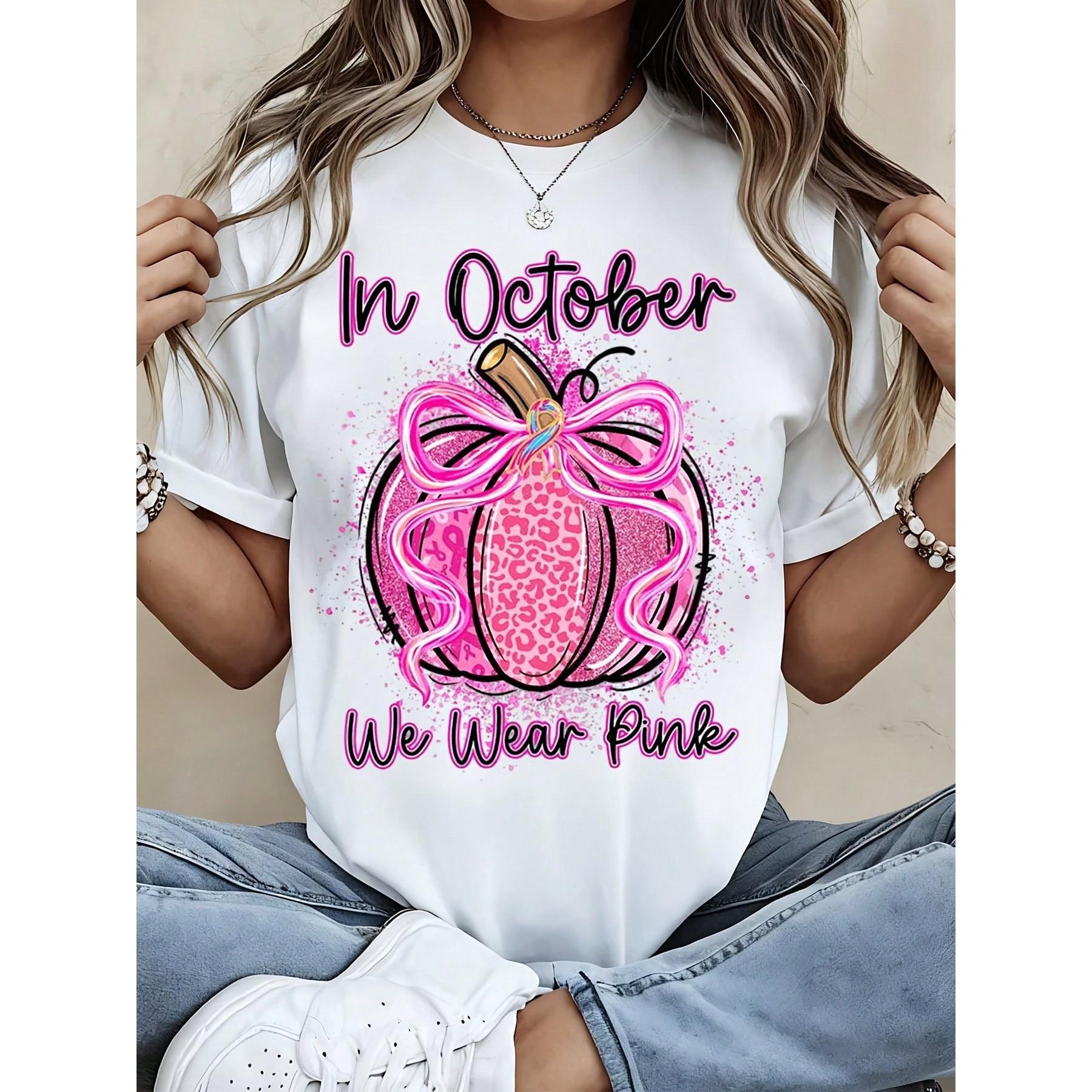 Women Breast Cancer Awareness In October We Wear Pink Leopard Pumpkin Graphic Tee Casual Fall Outfit Support Gift
