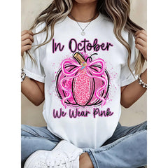 Women Breast Cancer Awareness In October We Wear Pink Leopard Pumpkin Graphic Tee Casual Fall Outfit Support Gift