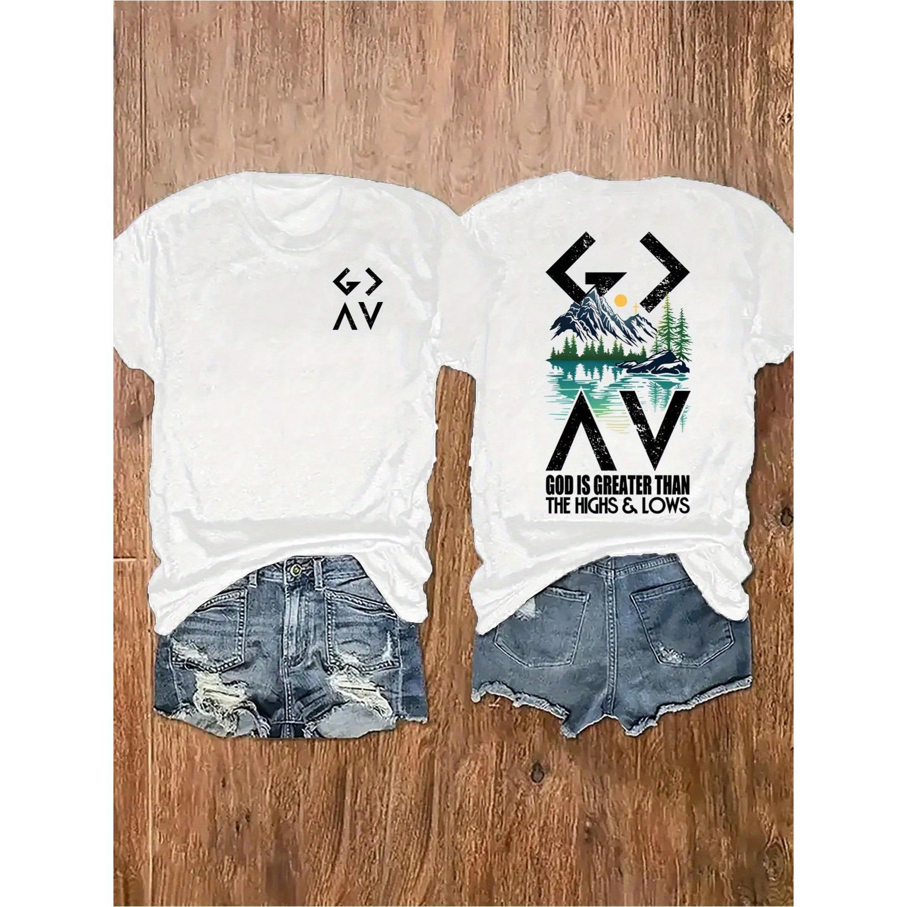 Women's Casual Geometric Print T-Shirt - "God Is Greater Than The Highs & Lows" Design, Dual-Sided Print, Round Neck Short Sleeve Tee, Fashionable Single Piece For Spring/Summer