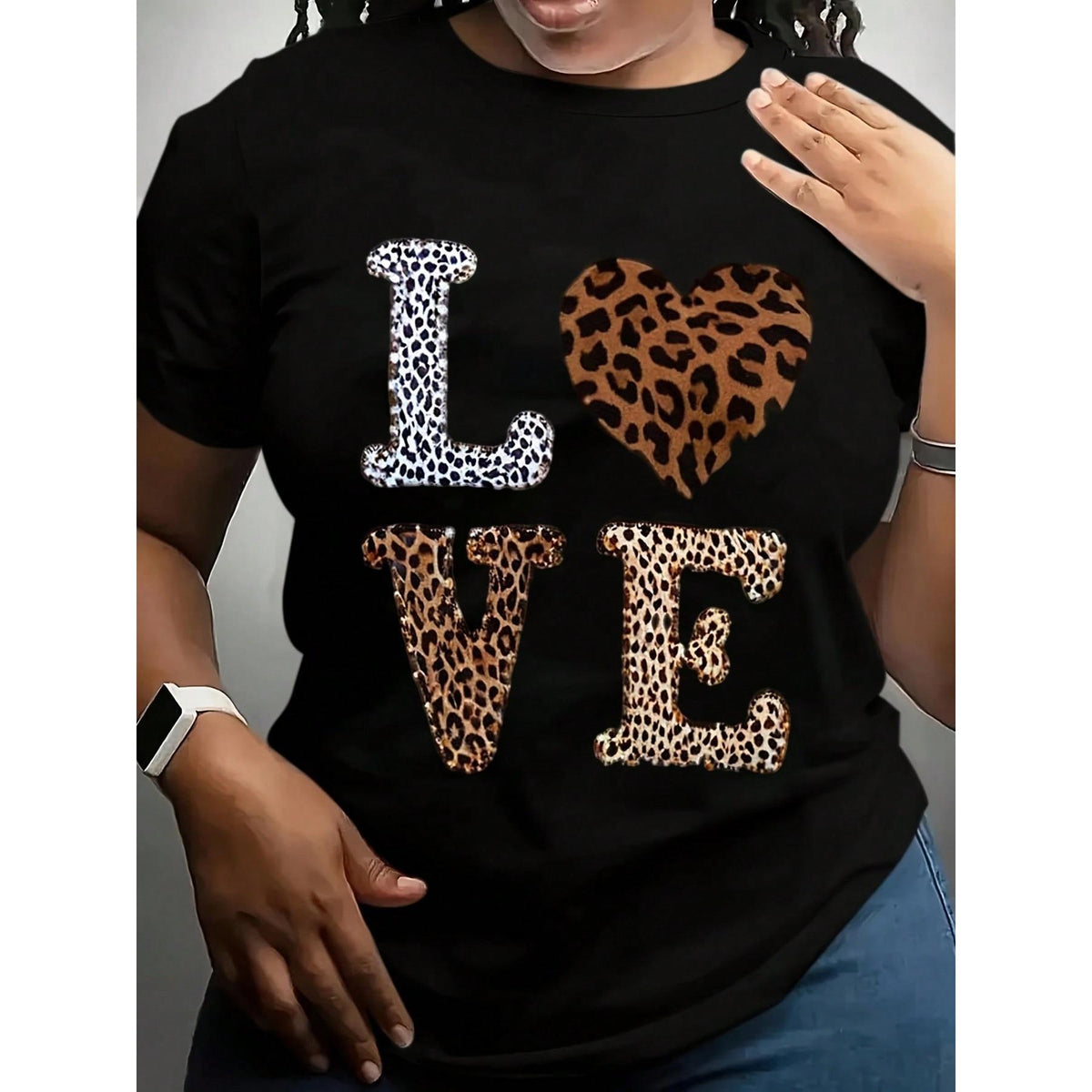 Ladies Leopard Print Love Pattern T-Shirt-Brown Black Animal Print Top Daily Casual Valentine's Day Wear-Machine Washable Round Neck Short Sleeve