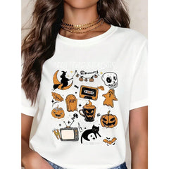 Women Casual Halloween Graphic Tee Tis The Season Witch Skull Pumpkin Ghost Cassette Tape Print Top Autumn Festival Gift For Friends