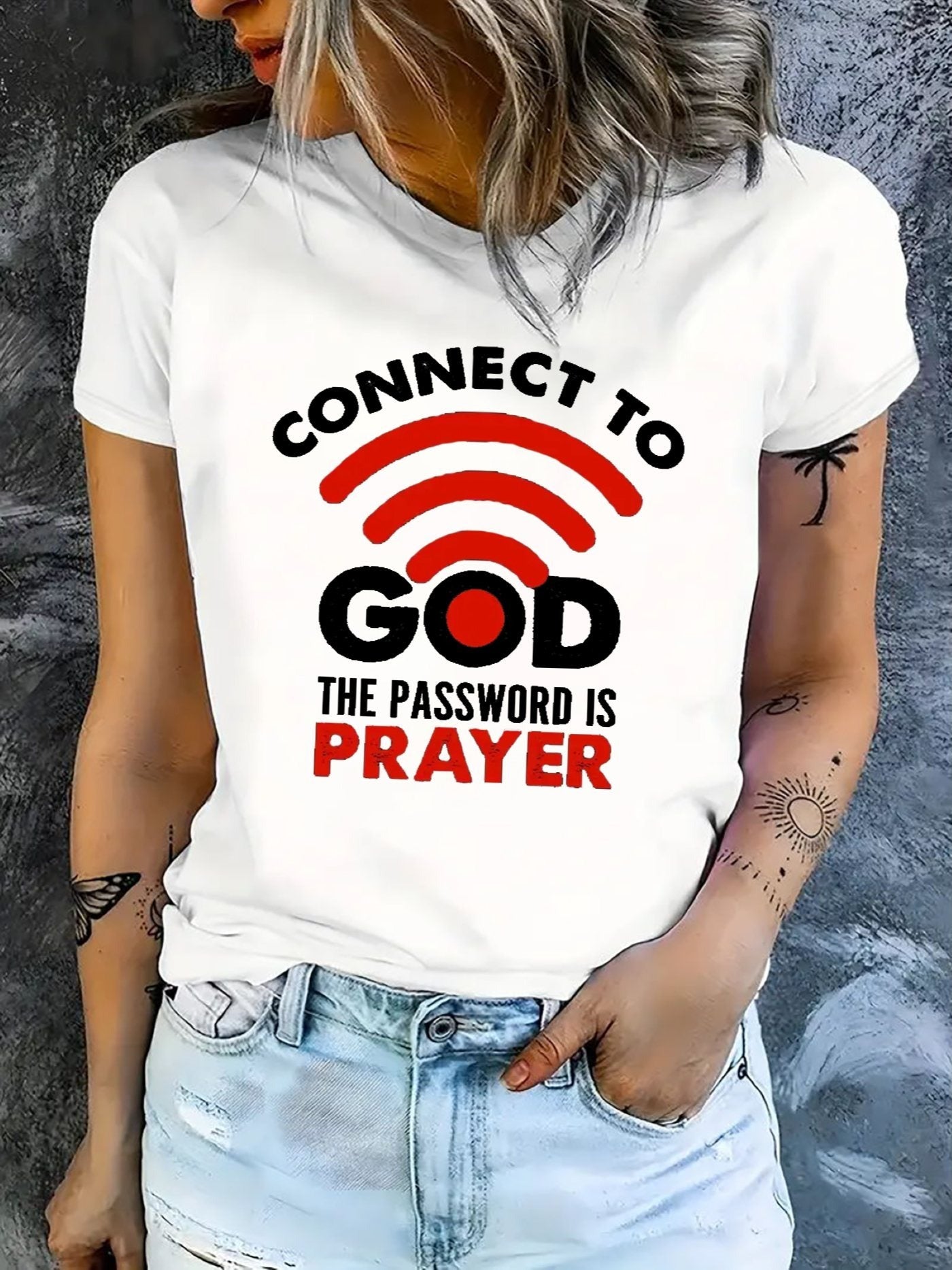 Women's Connect To God Prayer Graphic T‑Shirt, Faith Religious Wifi Quote Short Sleeve Crew Neck Casual Tee