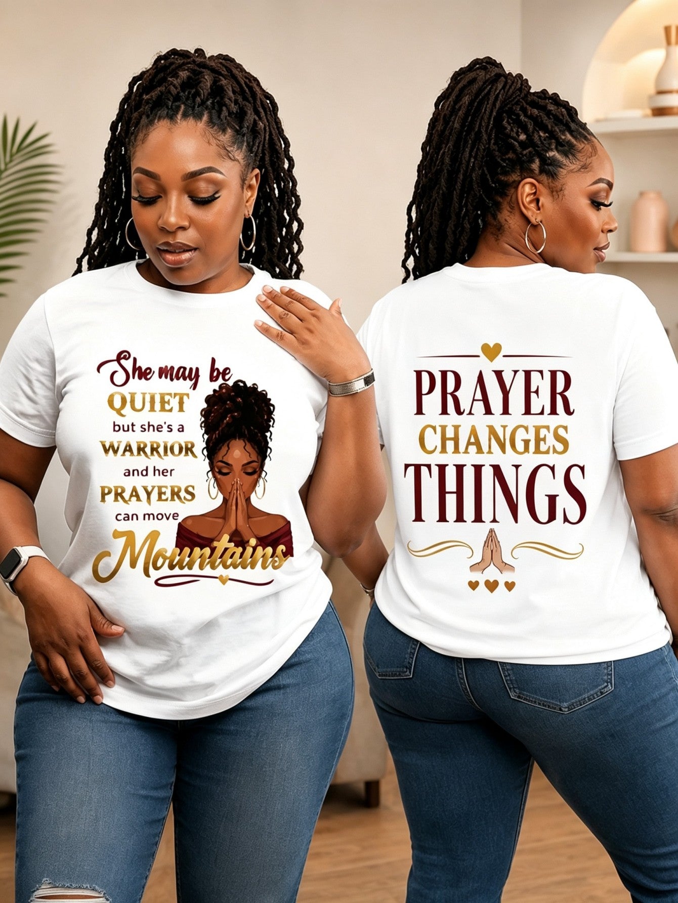 She May Be Quiet Warrior Prayer Changes Things Double Sided Graphic Tee Women Casual Faith Short Sleeve T-Shirt