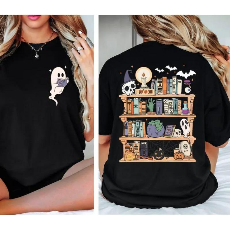 Cute Ghost Reading Book Halloween T-shirt 2- Sides