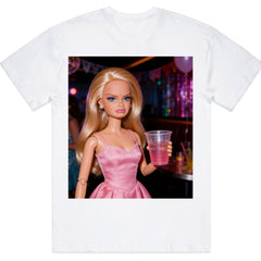 Doll Holding Pink Drink Party Scene T-Shirt - Funny Doll Face Graphic Tee, Unisex Casual Top