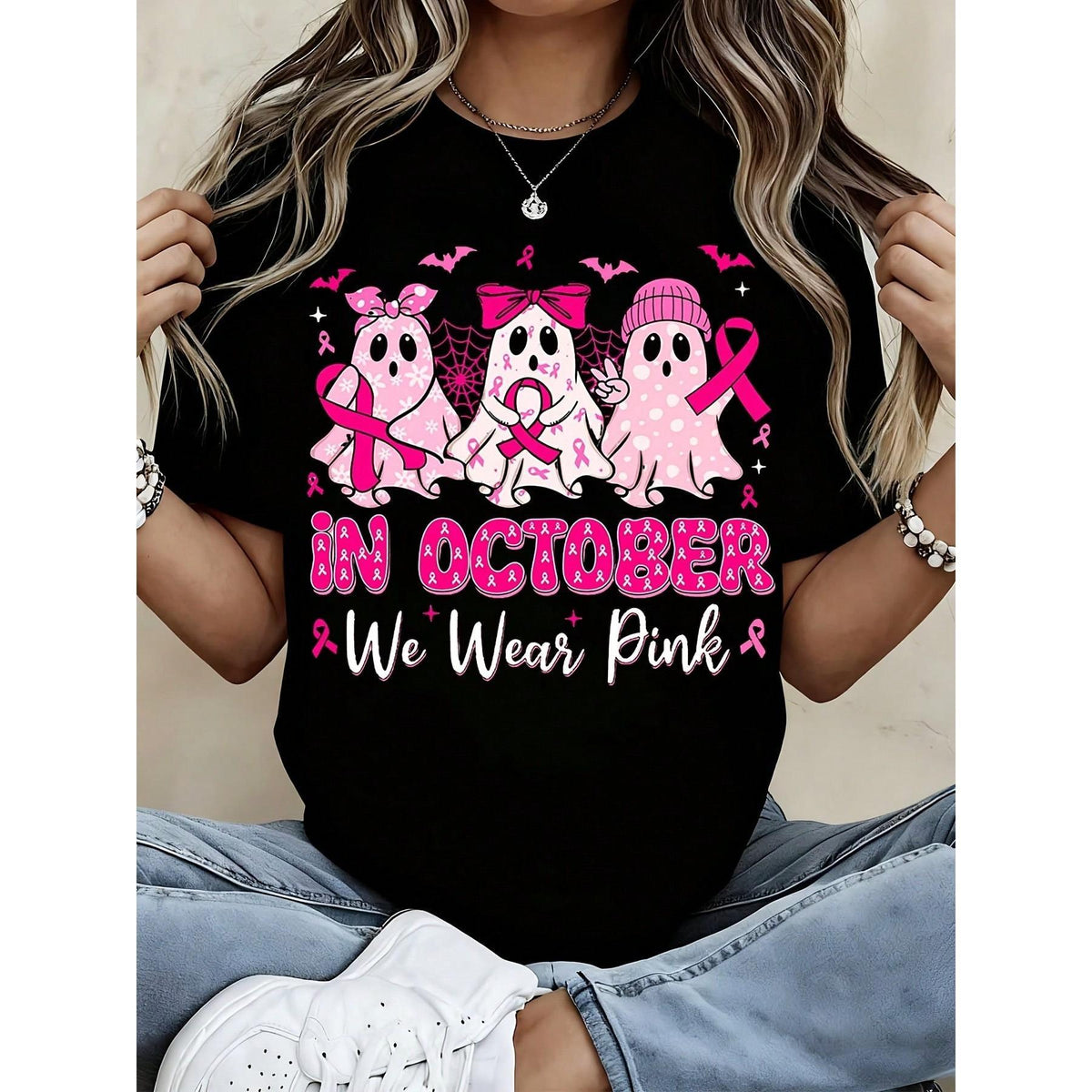 Women Breast Cancer Awareness Cute Pink Ghosts In October We Wear Pink T Shirt Casual Halloween Graphic Tee Support Gift