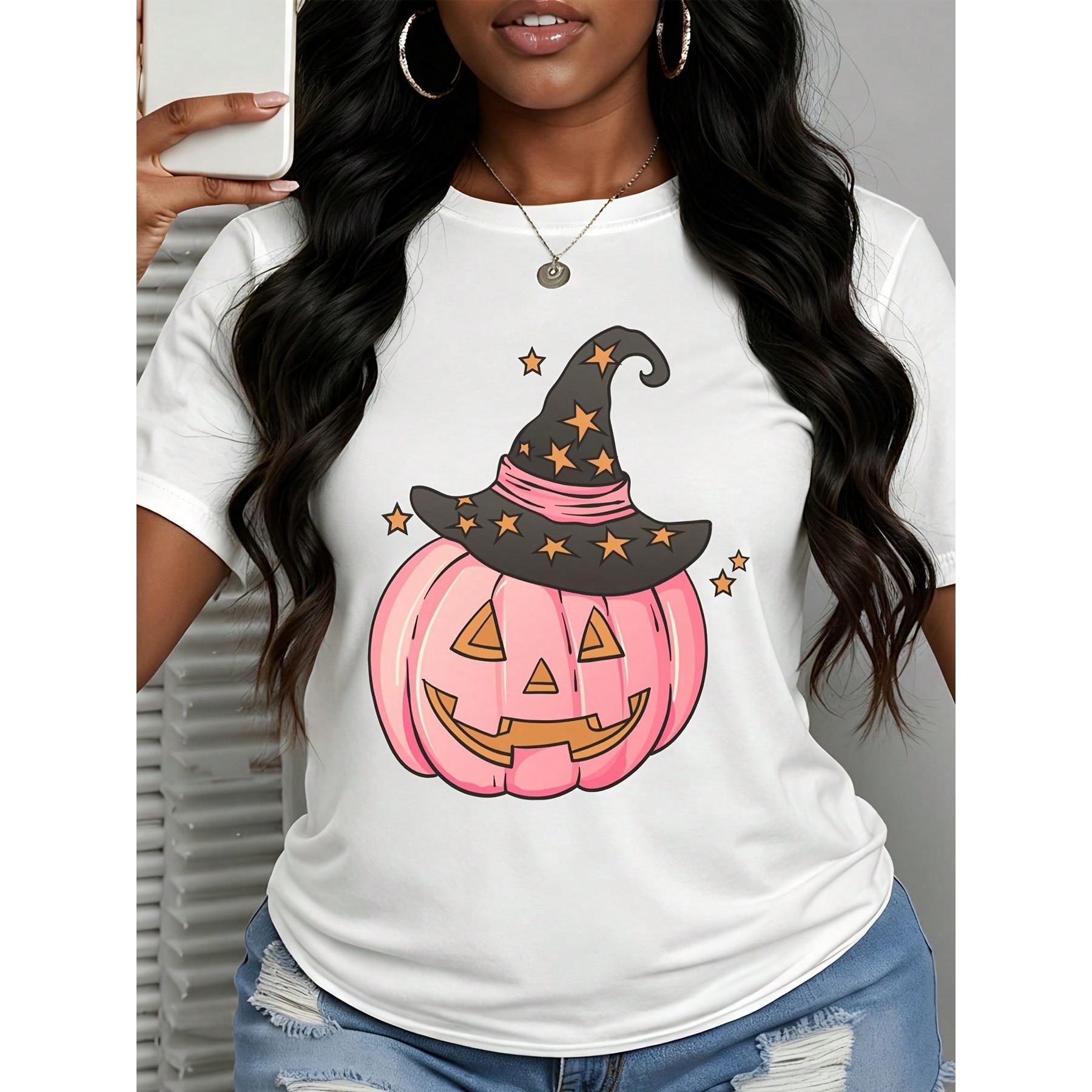 Women's T-Shirt Halloween Pink Pumpkin Witch Hat Graphic Tee, Casual Party Wear