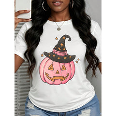Women's T-Shirt Halloween Pink Pumpkin Witch Hat Graphic Tee, Casual Party Wear