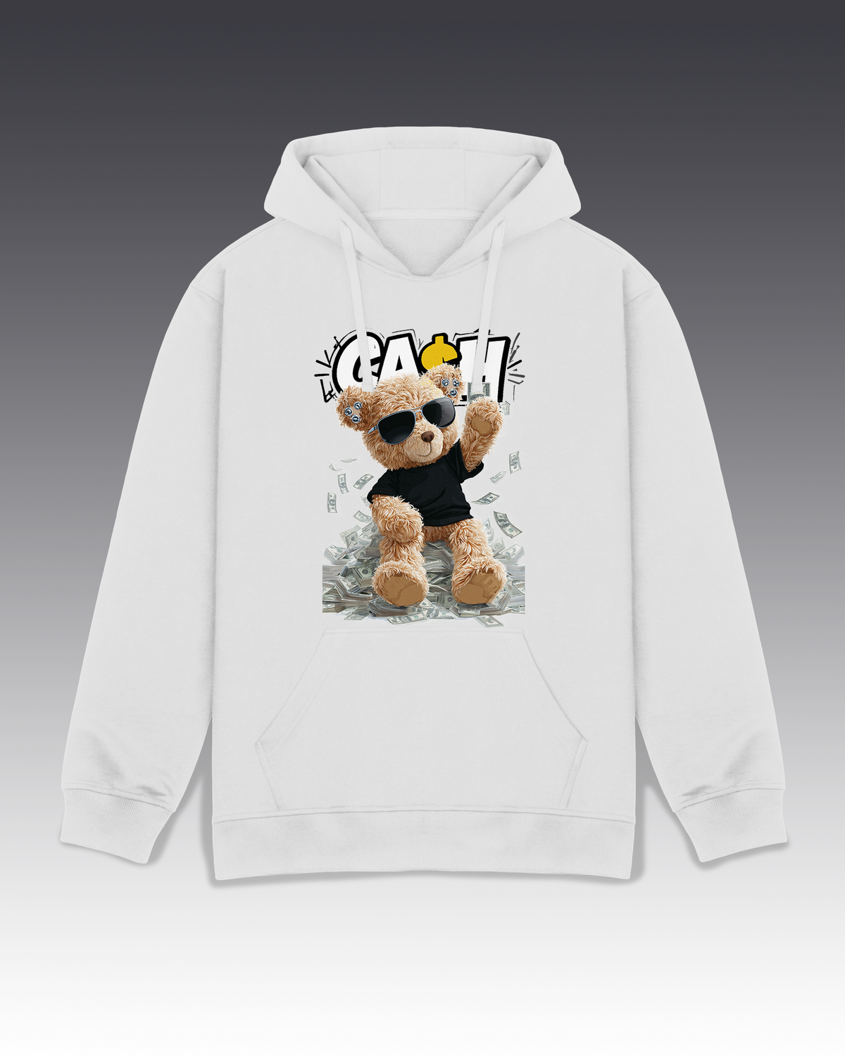 DIYANYONE Original Cool Teddy Bear "CASH KING" Hoodie - Heavyweight Cotton Blend Streetwear Pullover, Anti-Authoritarian "No King in American" Graphic Hoodies