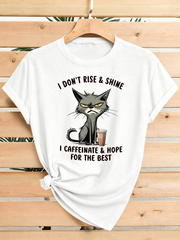 Grumpy Cat Coffee Lover Funny Quote Graphic T‑Shirt for Women, Humor Morning Short Sleeve Crewneck Casual Tee Top