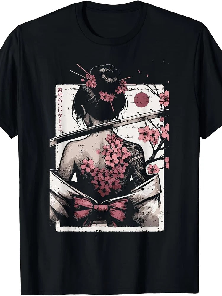 Japanese Woman Cherry Blossom Tattoo Art Geisha Women Men T-Shirt Same Style for