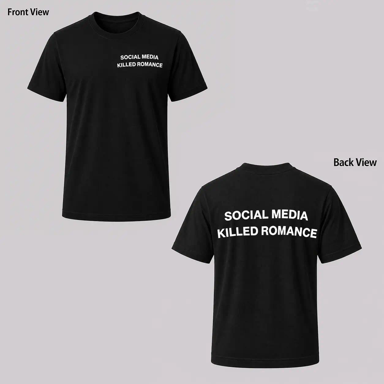 Men's black and white patterned T-shirt, 'Social Media Killed Romance', double-sided print men's fashion clothing