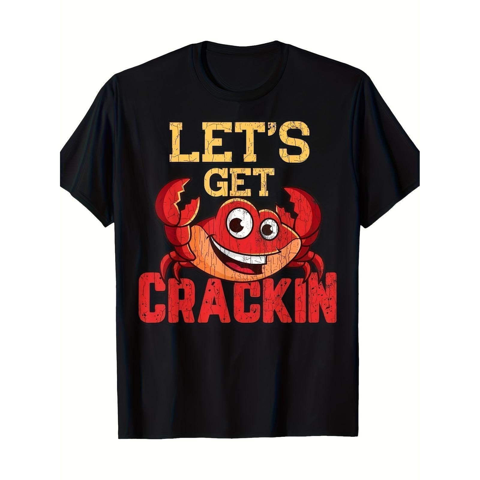 Let's Get Crackin Funny Crab Lover Graphic T-Shirt, Unisex Soft Cotton Crew Neck Tee, Novelty All Season Gift For Seafood Fans, Beach Cookout Backyard BBQ & Crab Boil Party Casual Wear