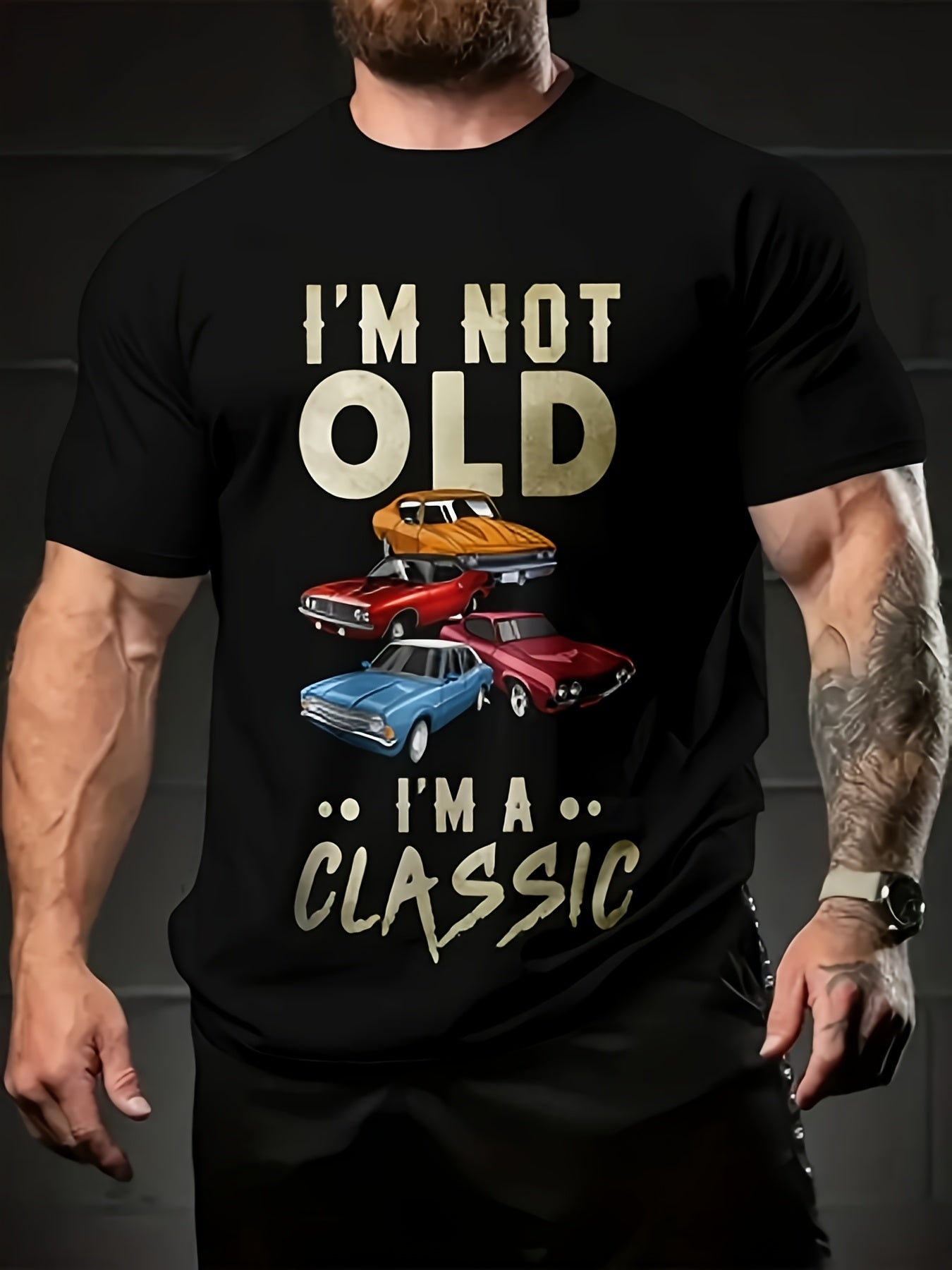 Men'S Trendy Casual And Fashionable Sports T-Shirt, Car Print Patterns, Regular Round-Neck Outdoor Top I’m Not Old Print Graphic Tshirt For Men