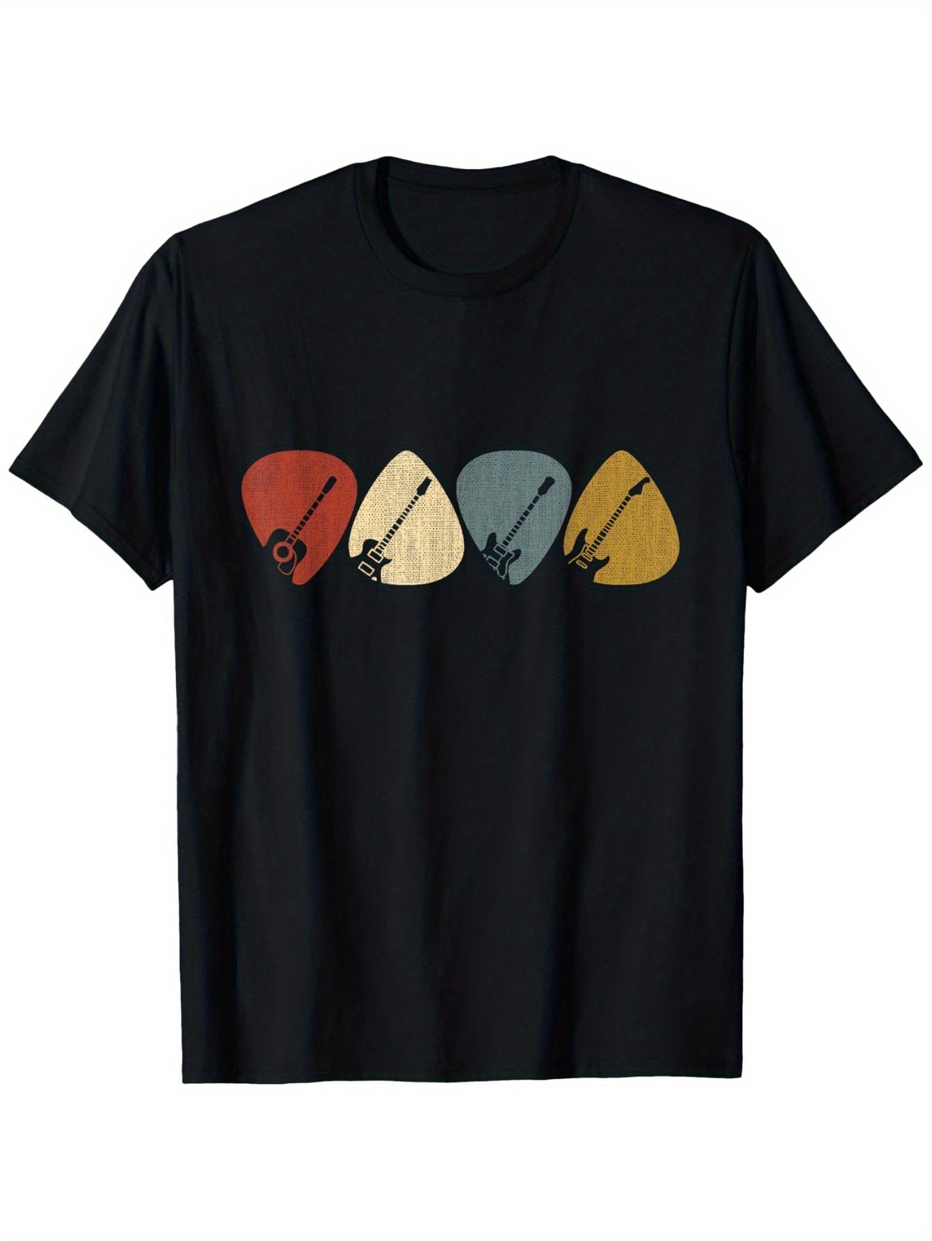 Men Women Vintage Guitar Pick Short Sleeve T-Shirt, Retro Rock Guitar Silhouette Cotton Crewneck Tee, Casual Daily Wear Gift for Guitarists Music Lovers Band Fans