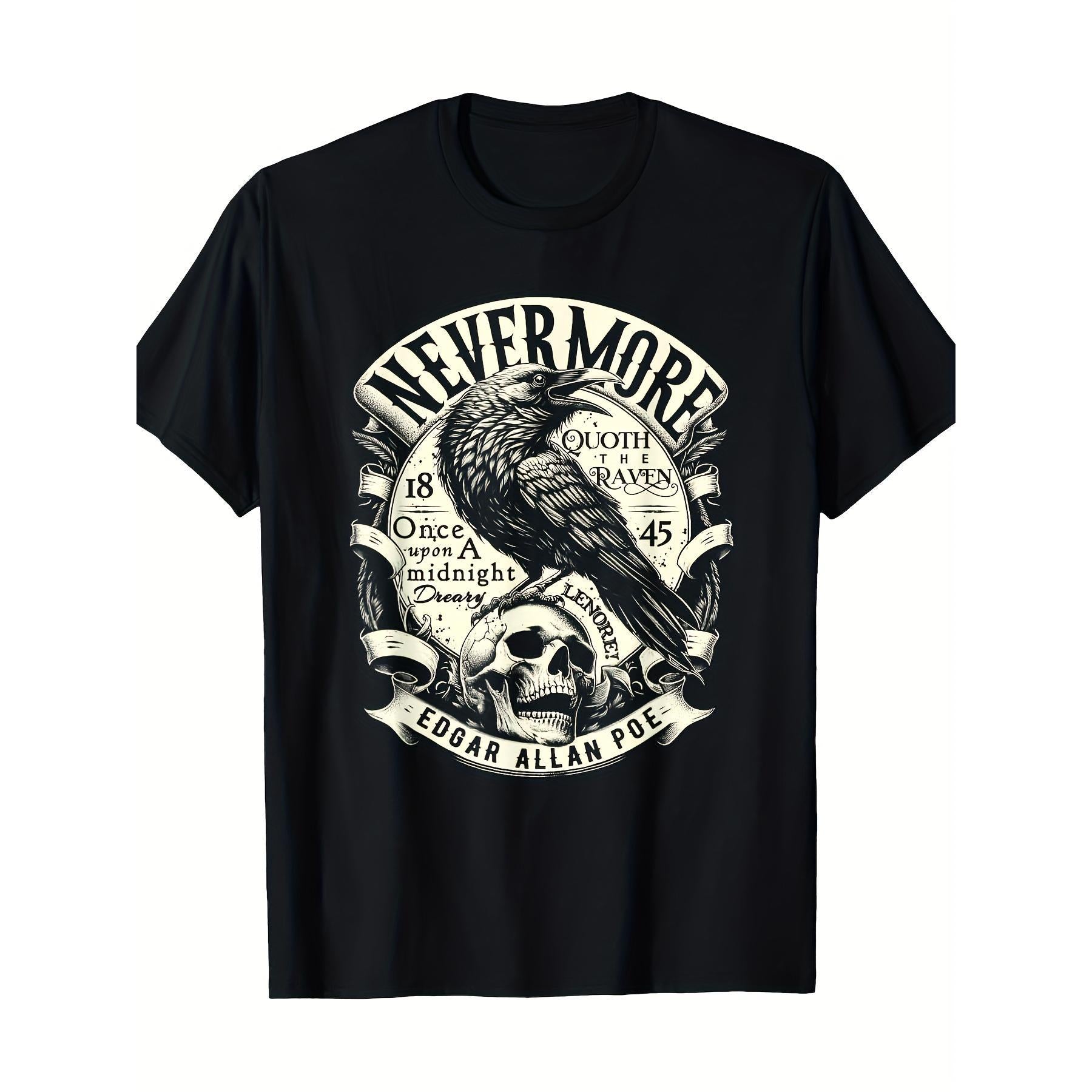 Edgar Allan Poe Nevermore Raven Gothic Graphic T-Shirt, Vintage Dark Academia Literature Tee, Unisex Soft Cotton Crew Neck Top, Gift For Poem Book Lovers & The Raven Fans