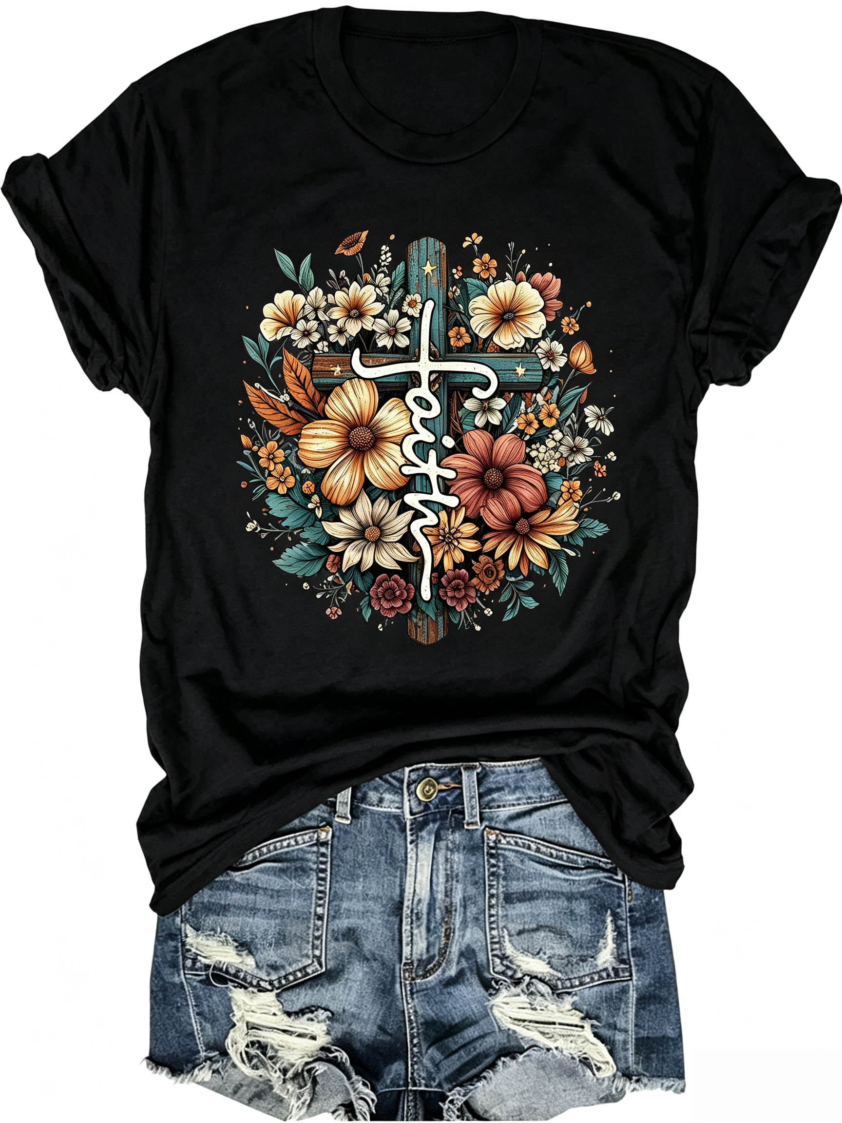 Faith T-Shirt Christian Cross Floral Tee For Women