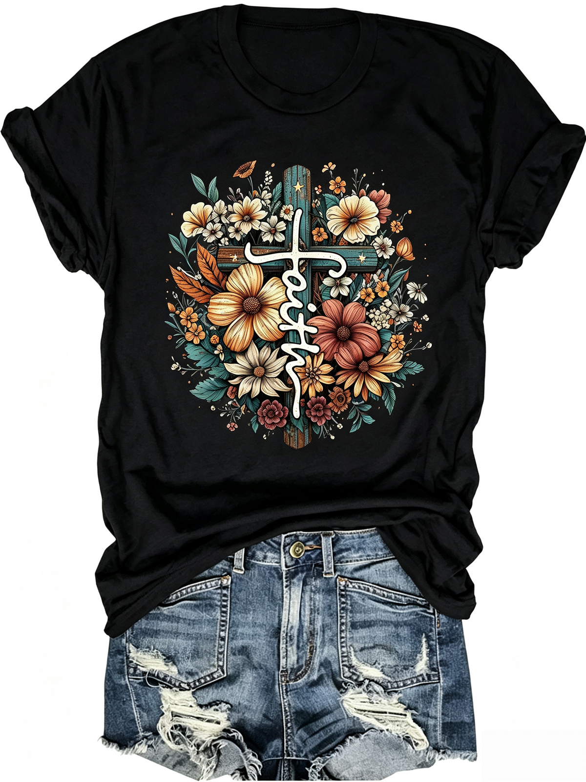 Faith T-Shirt Christian Cross Floral Tee For Women