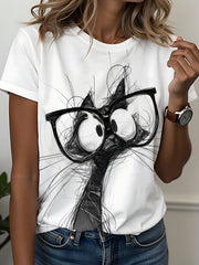 Sketch Cat with Glasses Print T-shirt | Black and White Casual Style Top, Breathable and Comfortable