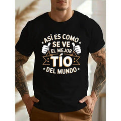 Men's "Best Uncle In The World" Spanish Text T-Shirt - Lightweight Thumbs-Up & Stars Graphic Tee with "Mejor Tío Del Mundo" Design, Casual Short Sleeve Shirt for Uncles, Machine Washable Gift Streetwear Round Neck