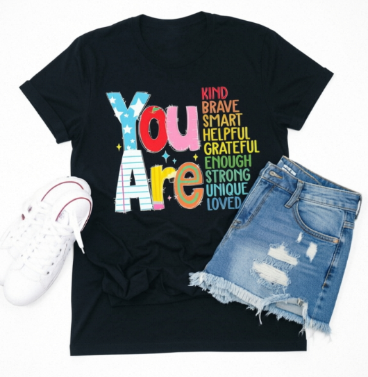 Women's Inspirational Positive Quote Graphic T‑Shirt, Colorful "You Are Enough Kind Brave Smart Loved" Motivational Letter Print Crew Neck Casual Teacher Tee Teacher Gift