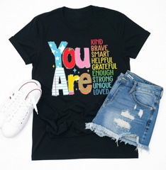 Women's Inspirational Positive Quote Graphic T‑Shirt, Colorful "You Are Enough Kind Brave Smart Loved" Motivational Letter Print Crew Neck Casual Teacher Tee Teacher Gift