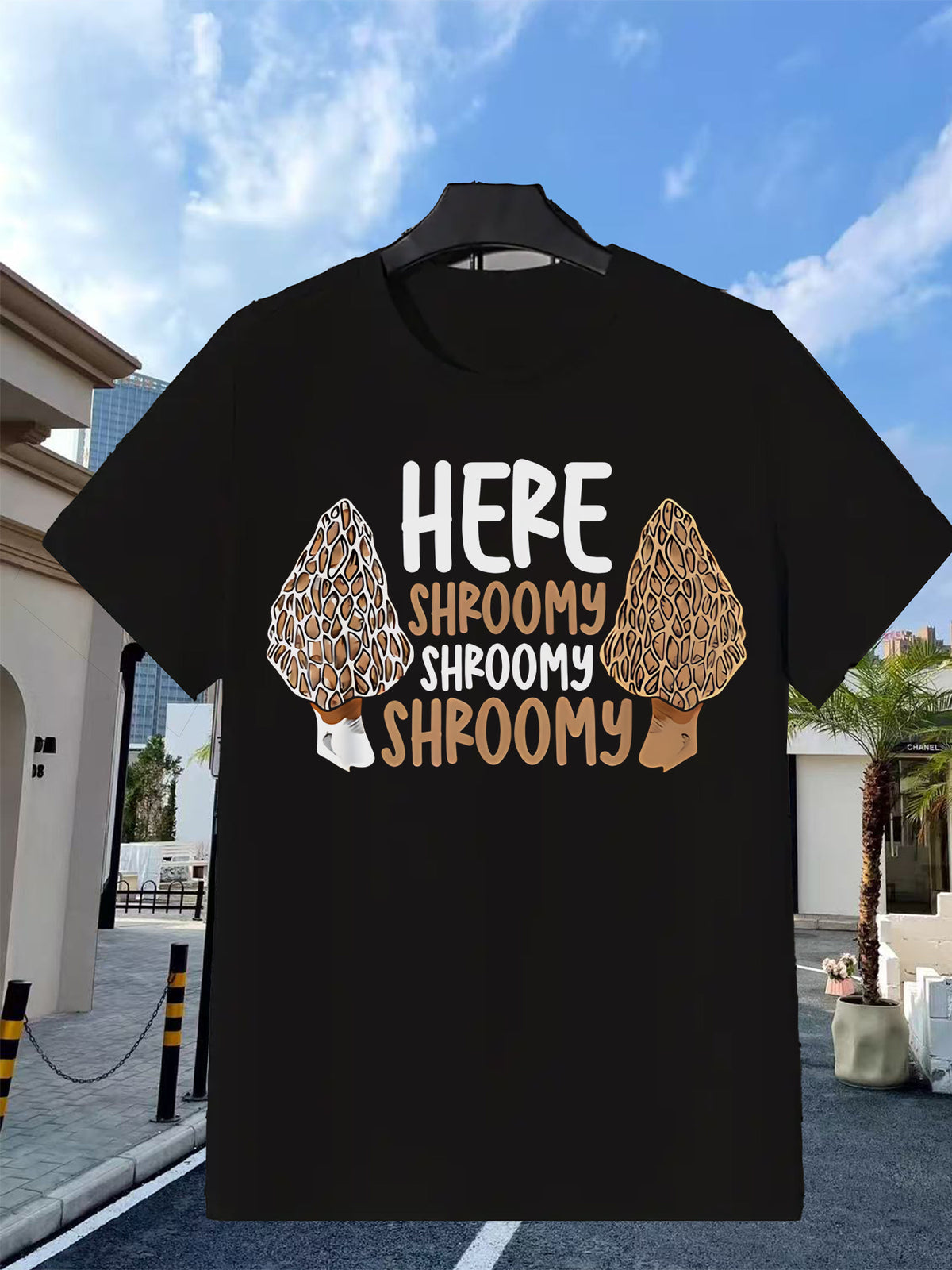 Casual Printed T-Shirt (Whimsical Mushroom Design) – Black Short-Sleeve Crew Neck Summer Style, Fun and Playful Essential, Shroomy Adventure T-Shirt