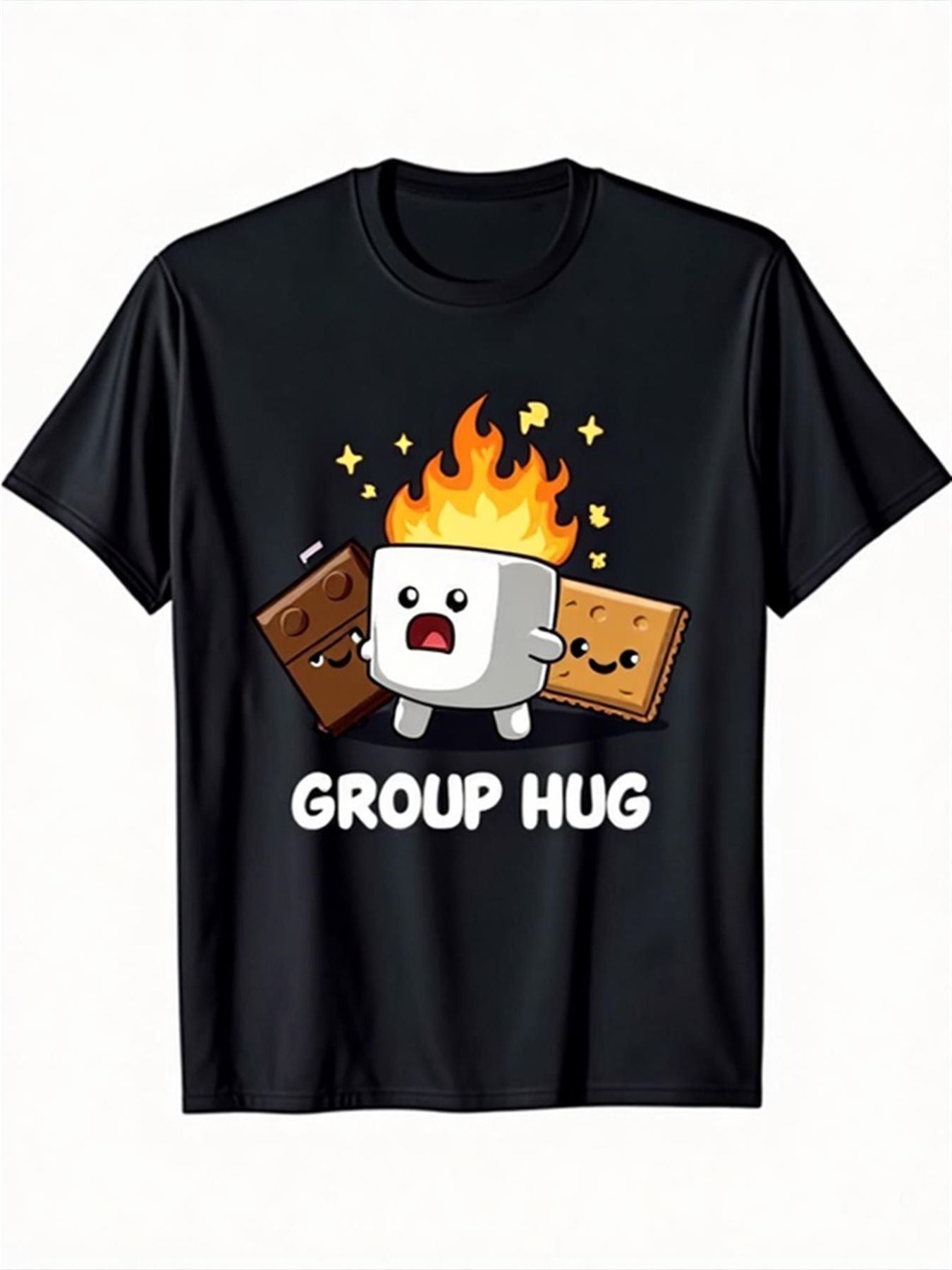 Camping Food Group Hug Unisex T-Shirt, All Season Marshmallow Chocolate Graphic Top, Casual Daily Apparel For Outdoor Lovers Dessert Fans And Cartoon Humor Enthusiasts