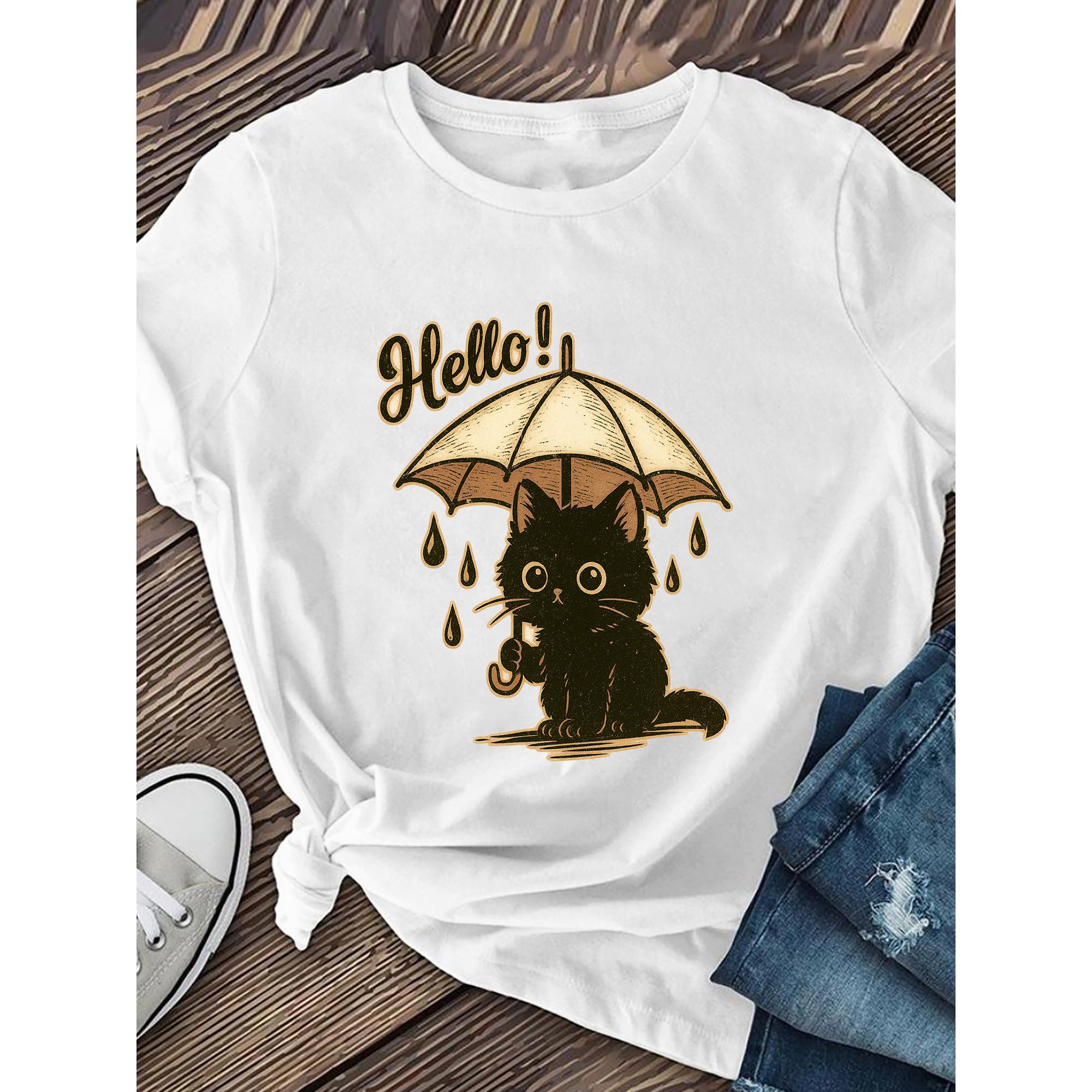 Black Cartoon Cat Printed T-shirt with Umbrella | Women'S Casual Short Sleeved, Fashionable Style, Crew Neck Top, Regular Fit