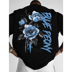 [Men's T-Shirt] New Men's T-Shirt, American Street Style Blue Peony Print T-Shirt