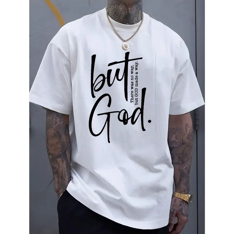 Men's Short-Sleeve Crew Neck Graphic T-Shirt, Aesthetic Menswear with "But God" Letter Print, Casual Street Style Sports Top for All-Season Soft Comfort Fit