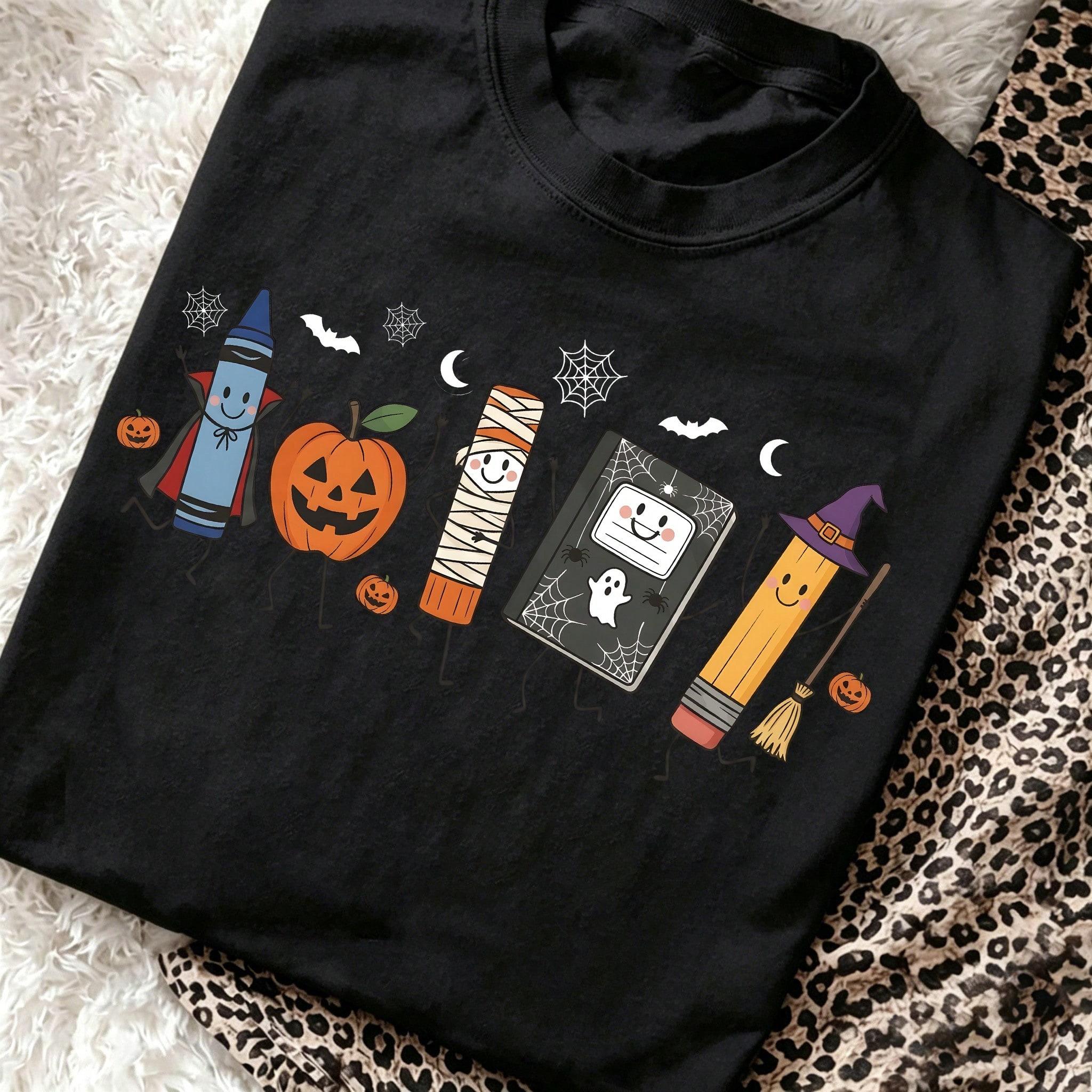 Preppy Halloween Back To School Graphic Tee Cute Pencil Notebook Pumpkin Print Short Sleeve Crewneck Casual Campus Holiday T-Shirt