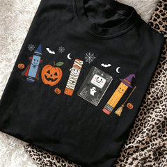 Preppy Halloween Back To School Graphic Tee Cute Pencil Notebook Pumpkin Print Short Sleeve Crewneck Casual Campus Holiday T-Shirt