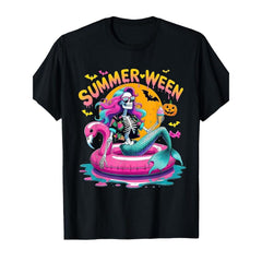 Summerween Spooky Mermaid Skeleton Halloween Tropical Beach Cute Trendy Casual Gift Unisex Tee Soft Cotton Crew Neck Retro Style Summerween Vibes
