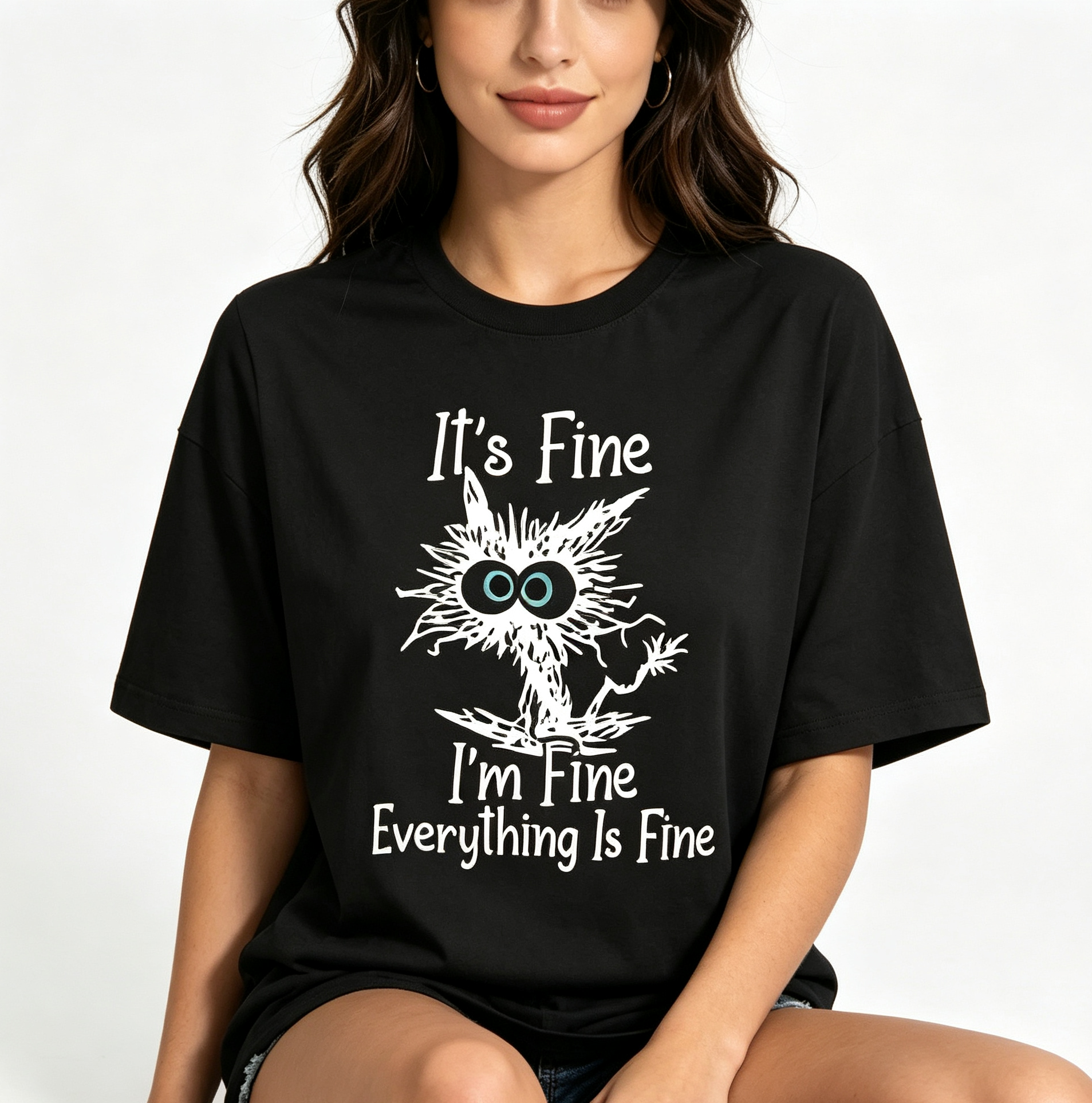 Women Funny Spiky Cat Graphic T‑Shirt, It's Fine I'm Fine Everything Is Fine Sarcastic Slogan Tee, Casual Loose Fit Crew Neck Short Sleeve Top for Cat Lovers