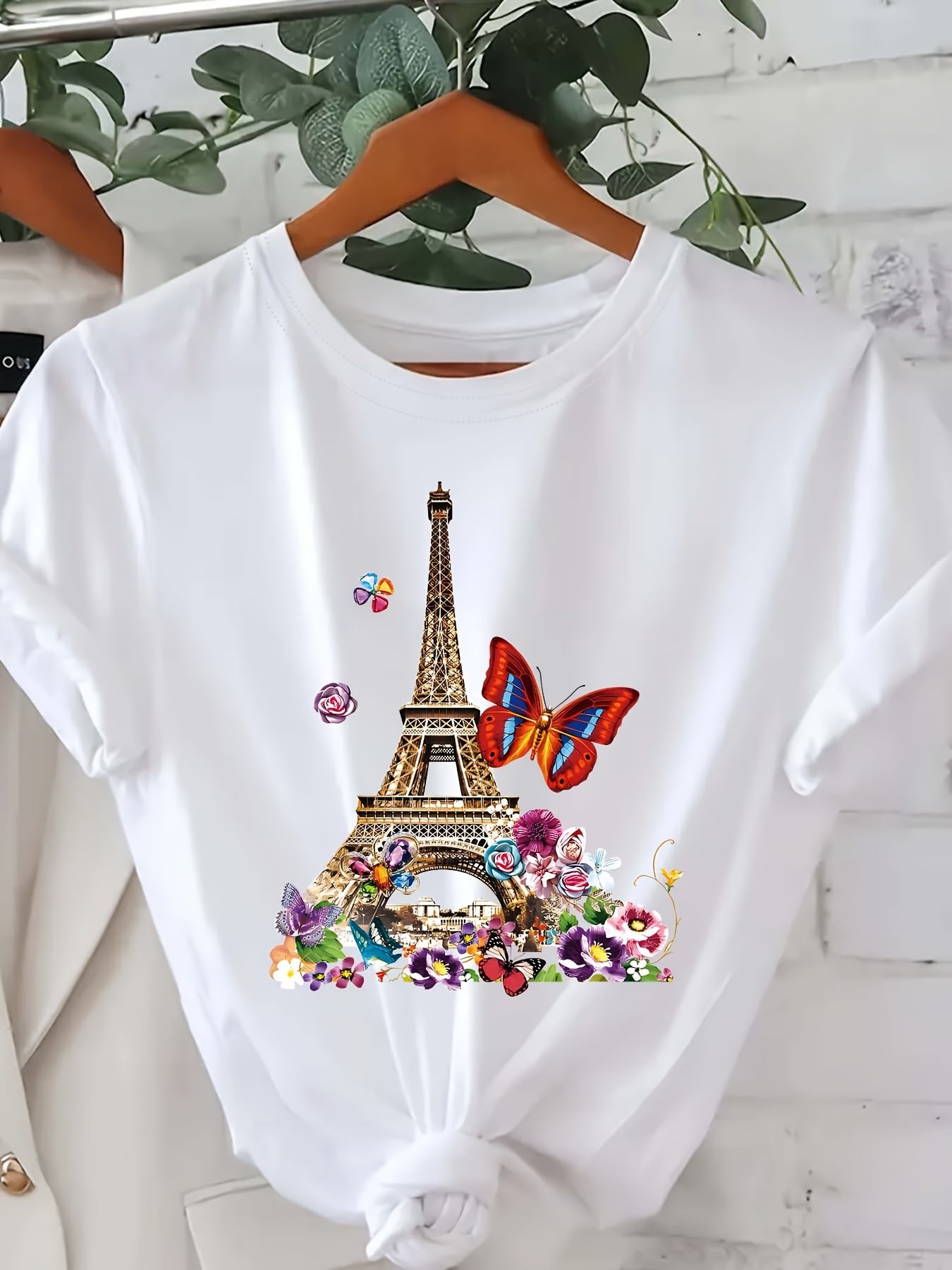 Summer Women's Casual Short Sleeve T-Shirt with Eiffel Tower and Butterfly Graphic，Pullover，Regular Length, Everyday Fashion|Paris Theme Cotton Shirts