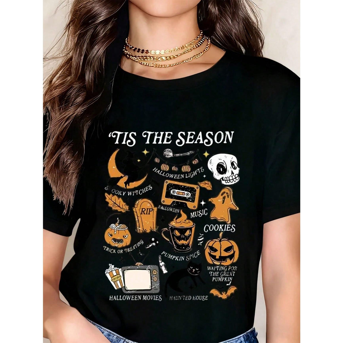 Women Casual Halloween Graphic Tee Tis The Season Witch Skull Pumpkin Ghost Cassette Tape Print Top Autumn Festival Gift For Friends