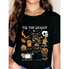 Women Casual Halloween Graphic Tee Tis The Season Witch Skull Pumpkin Ghost Cassette Tape Print Top Autumn Festival Gift For Friends